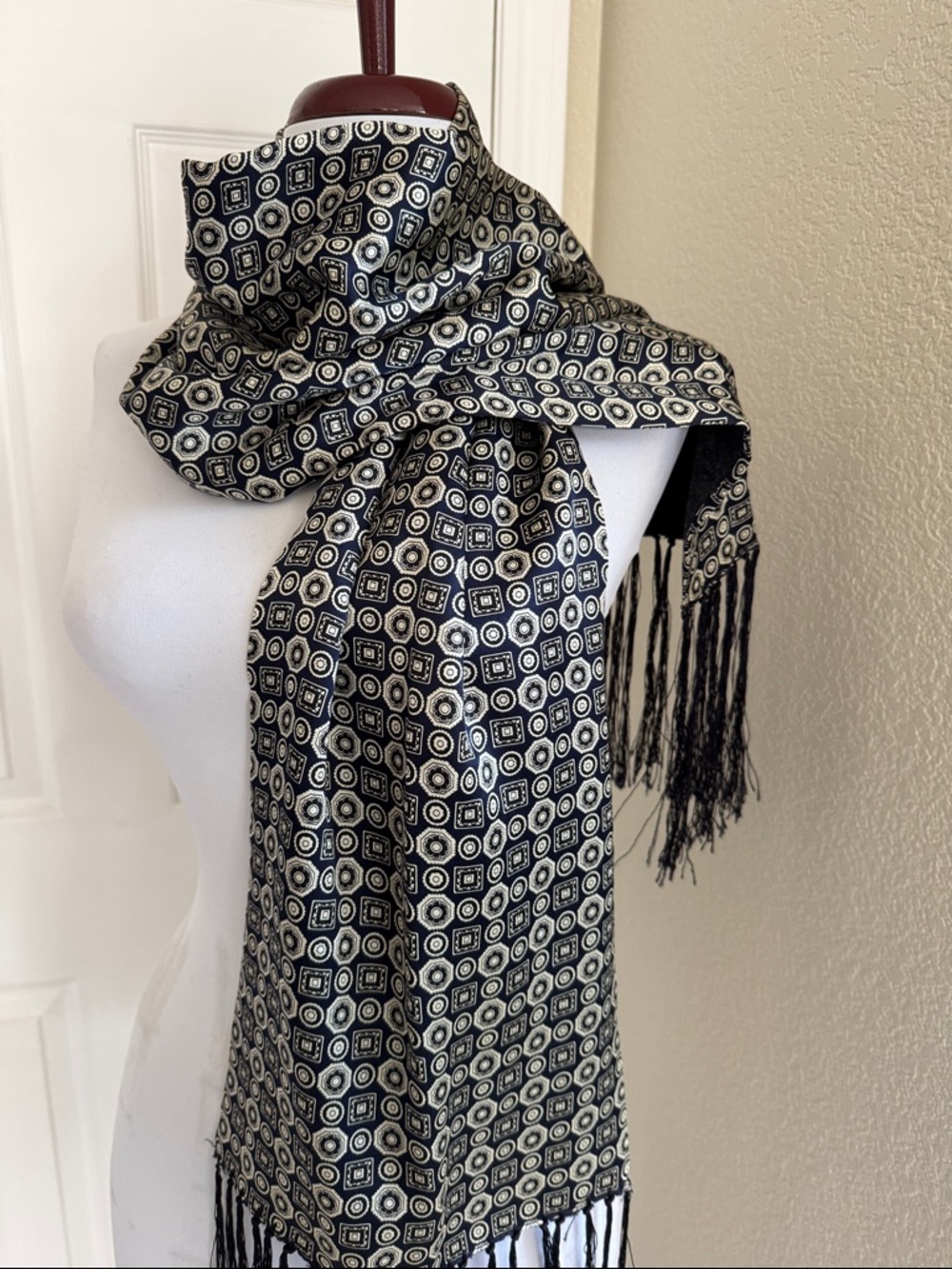 Silk Geometric Black & Cream Scarf with Fringe - Picture 5 of 7